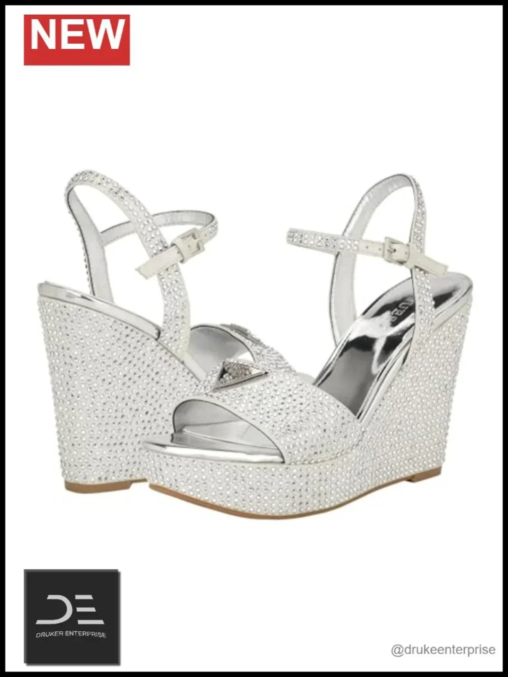 Guess Hippa Crystal Embellished Wedge Sandals Open Toe Ankle Strap